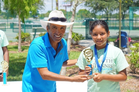 Luis presenting a trophy