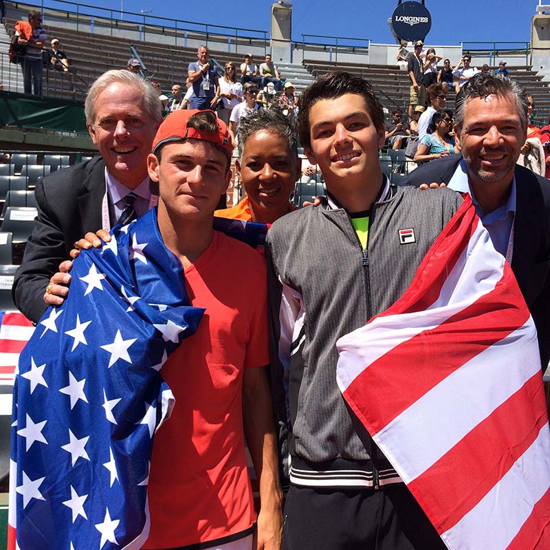 From left to right: Andy Andrews, USTA First Vice President; French Open boys' champion Tommy Paul; Katrina Adams, USTA Chairman of the Board, CEO and President; French Open boys' finalist Taylor Fritz; Fabrizio Alcobe, Director at Large, USTA Board of Directors and Senior Vice President of Administration, Univision Networks.