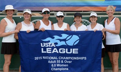 The Naples 55 & Over 6.0 first place women's team, left to right: Roanna Handy (captain), Mary Carol Lucas-Hertzfeld, Susan Griffith, Nancy O'Keefe, Catherine Booth, Dawn Cyr, Barbara Sue Kennedy (co-captain)