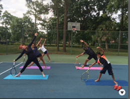 BENDING WITH A RACKET TO QUIET THE RACKET: Pam's Yoga for Tennis class incorporates the use of a tennis racket on a court to quiet the racket in your mind later on on the court.