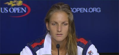 Karolina Pliskova speaks to the media after her upset of Serena Williams