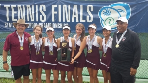 The Niceville High School 3A 2014 state champion girls tennis team team (pictured left to right) Coach Chris Poate, Andi vonHilsheimer, Antonia Poate, Monica Hsiang, Alexis Hruby, Samantha Sepe, Maddie Hsiang and assisitant coach Brian Braziel. Seventh teammate Megan Hovenden is not in the picture.