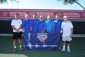 Tops'l USTA Men's 55+ 8.0 at Nationals. (l to r)  Bob Steinmetz, David Edmundson (Captain), Lyle Sandquist, Jim Kiesby, Cary Shahid, Gary Magee and Tim Williams.